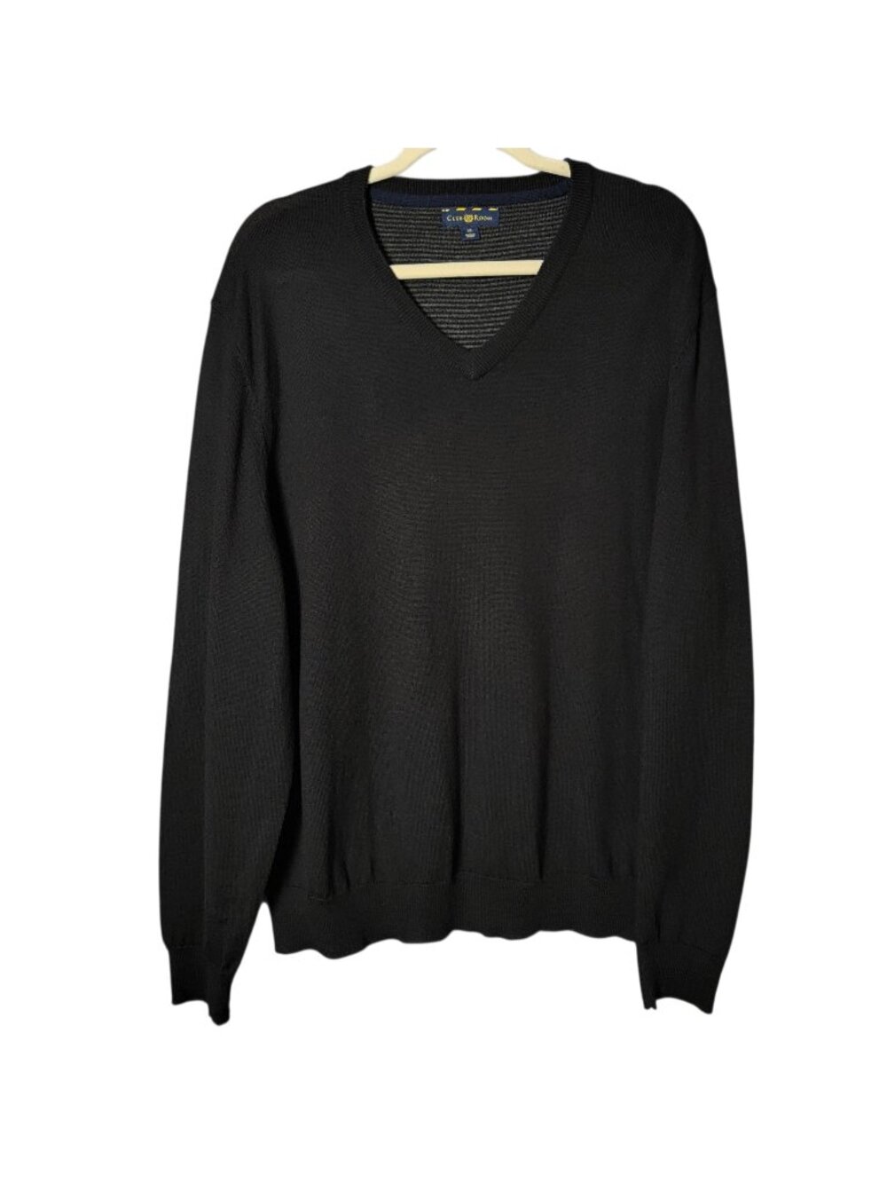 Club Room Mens Black Merino Wool Blend Preppy Basic V-Neck Pullover Sweater XL